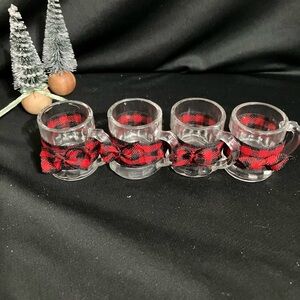 Set of 4 Clear Shot Glasses with Red Plaid Ribbon